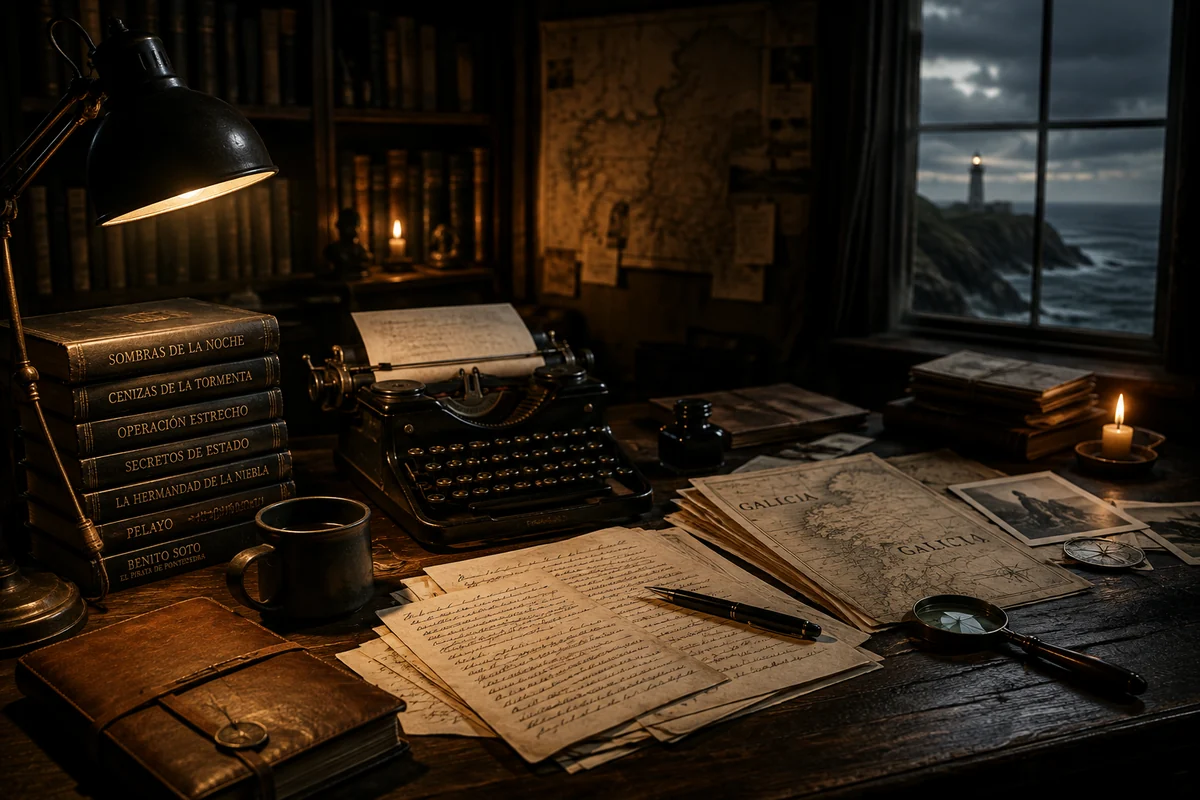 Escritorio de escritor con manuscritos, libros, mapas y una ventana abierta al mar
